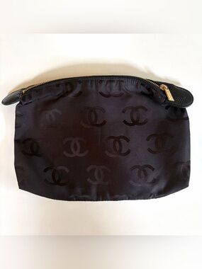CHANEL Black Jacquard Logo Cosmetic Pouch with Gold-Tone Zipper Pull
